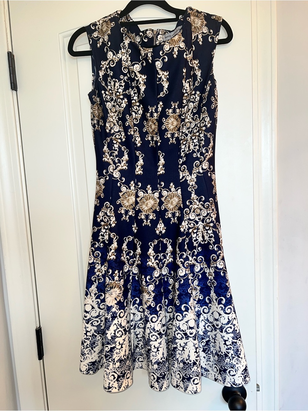 Danny and Nicole sleeveless navy blue and white ornate paisley pattern dress